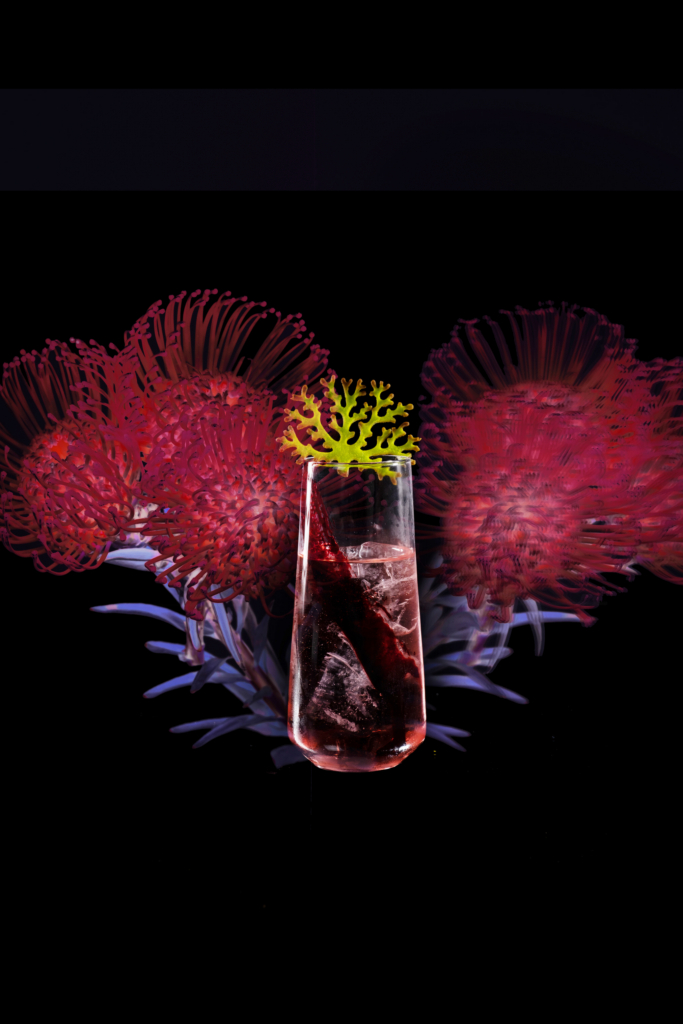 Colorful cocktail in a glass, photographed against a dark background