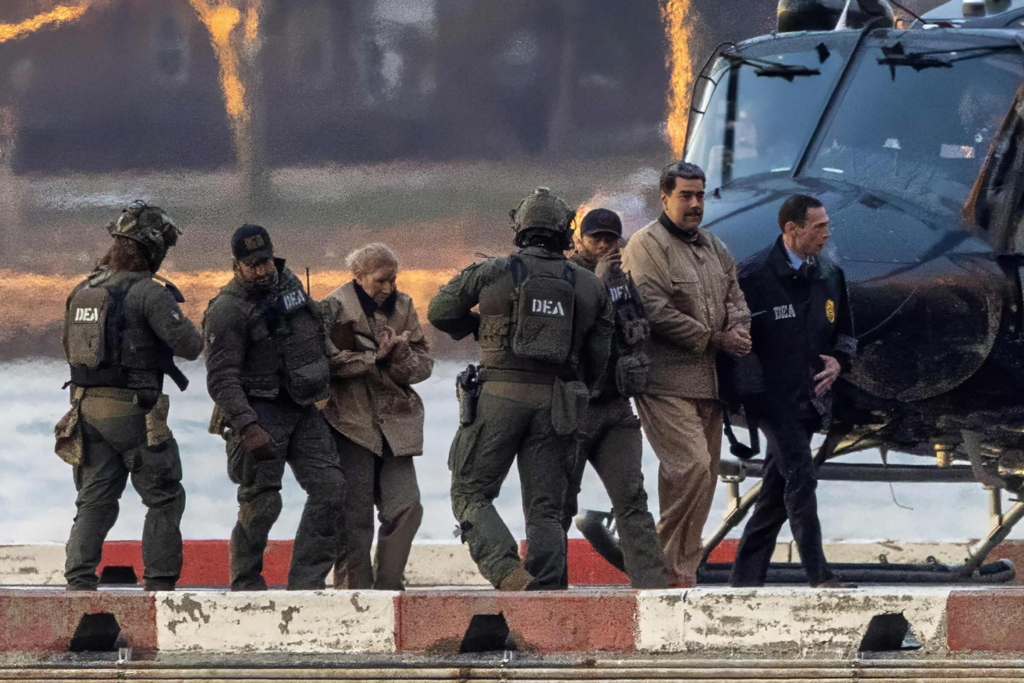 DEA agents are seen early Monday morning, January 5, 2026, at the Wall Street Heliport as former Venezuelan President Nicolás Maduro and his wife are transferred under federal custody en route to the Daniel Patrick Moynihan United States Courthouse in Manhattan. Maduro, who is under arrest, is expected to face proceedings in the U.S. District Court for the Southern District of New York. DEA New York Special Agent in Charge Frank A. Tarantino III is also pictured wearing a blue jacket.