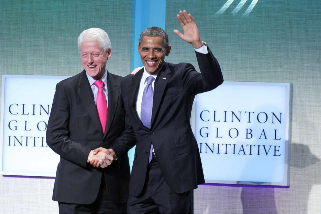 Former President Bill Clinton greets President Obama during the Clinton Global Initiative meeting in New York.