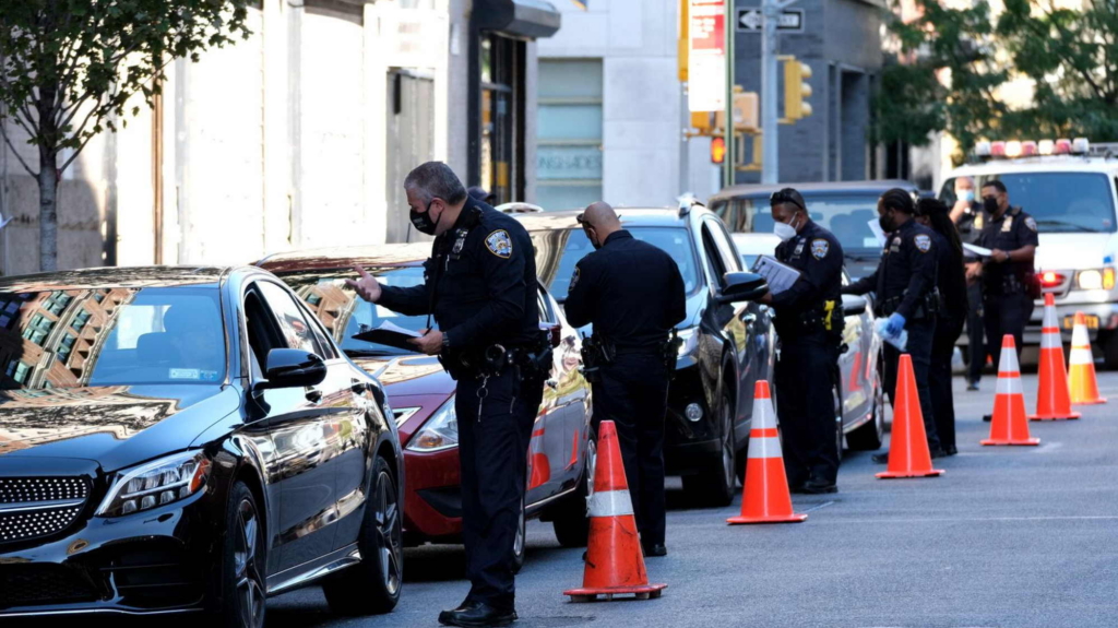 Manhattan - September 22, 2020 - New York City Sheriff Deputies are seen manning a Covid-19 checkpoint and stopping every car coming out of the Holland Tunnel in downtown Manhattan Tuesday afternoon