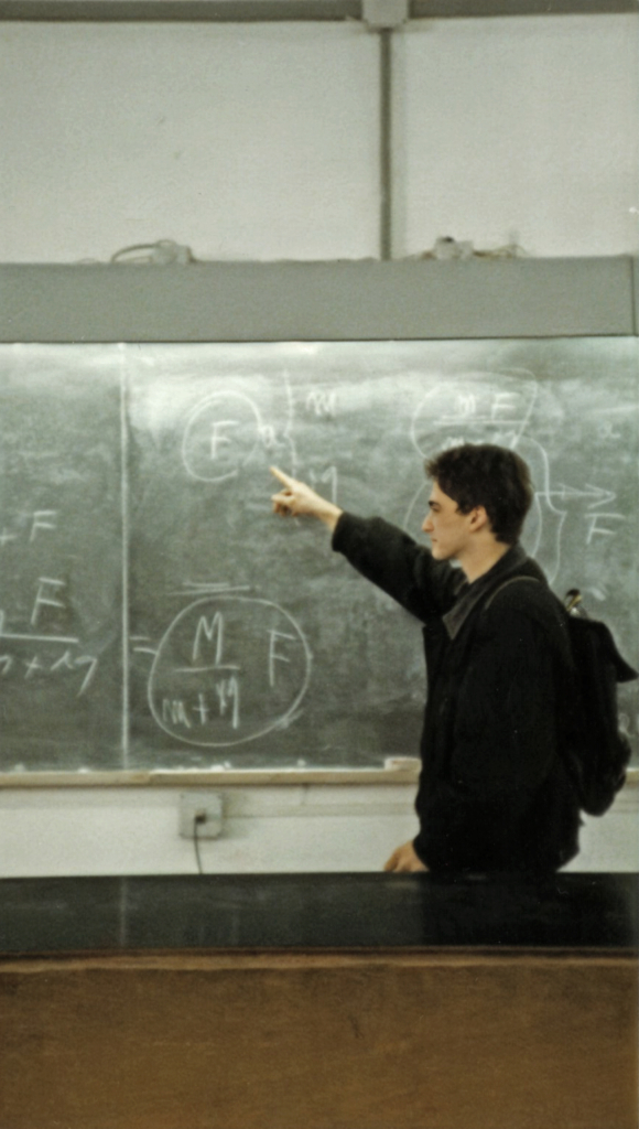Photographer David studying engineering, pointing at formulas on a classroom chalkboard.
