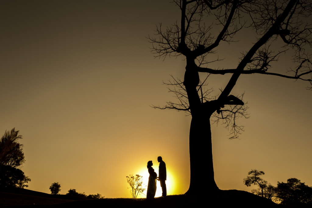 A couple stands facing each other in silhouette at sunset beside a large tree, with the sun low on the horizon behind them.