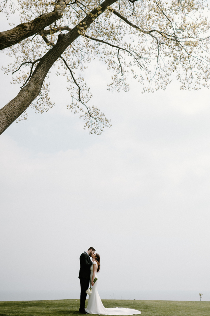 A couple stands on a grassy hill under a large tree, leaning in close as they share a quiet, intimate moment.