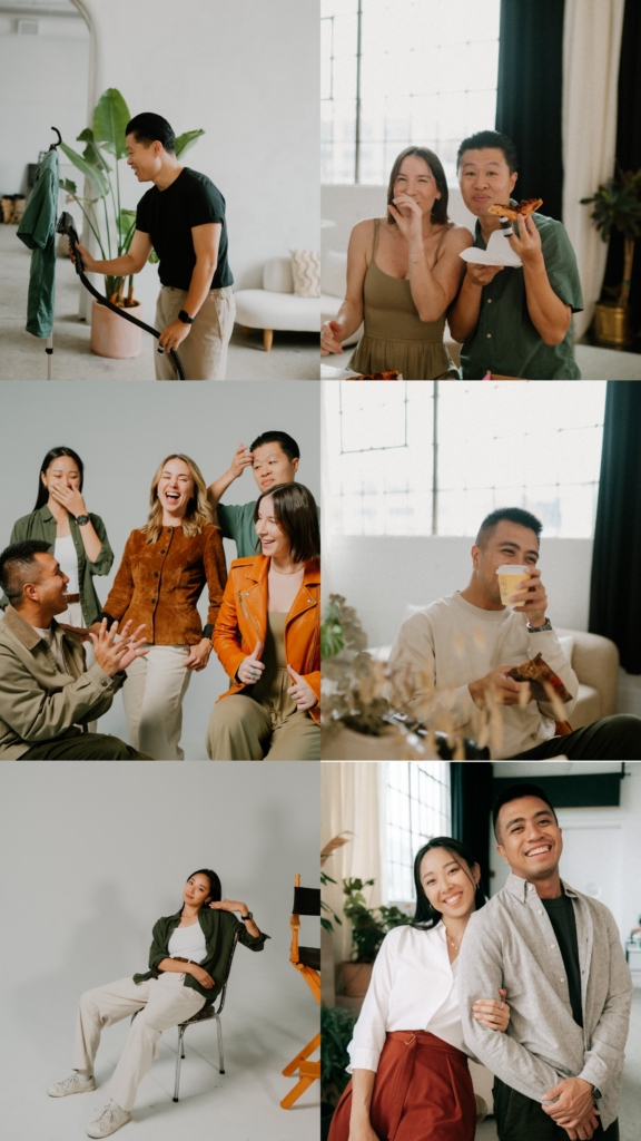 A collage of candid moments shows members of Monika’s team in a bright studio environment. In different scenes, they laugh together, share food and coffee, adjust clothing, and interact naturally, revealing a relaxed and friendly dynamic. The images capture both behind-the-scenes moments and casual portraits, emphasizing connection, personality, and everyday interactions within the team.