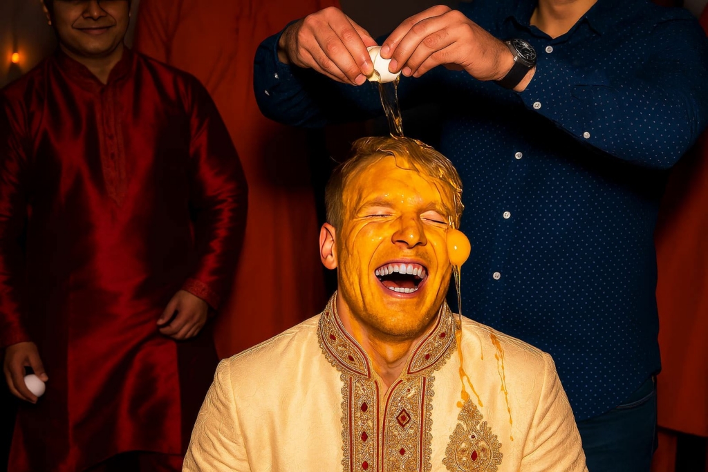 A man in a cream embroidered outfit sits laughing as someone cracks an egg over his head. Bright yellow egg yolk runs down his face and shoulder. Two other men stand nearby in colorful clothing against a dark red background.