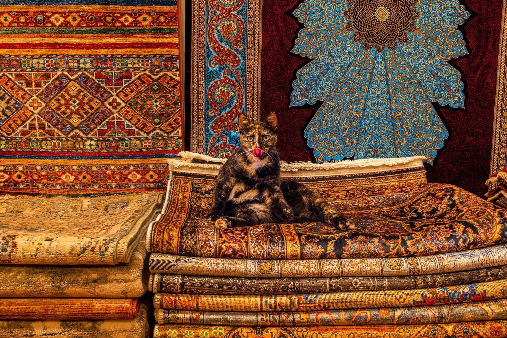 A tortoiseshell cat lounges on a stack of richly patterned rugs, looking straight at the camera with its tongue curled up over its nose.
The scene is filled with bold reds, blues, and golds from layered carpets hanging behind and folded beneath the cat, creating a warm, ornate market-like setting.