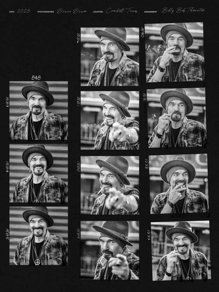 A black-and-white contact sheet shows actor Billy Bob Thornton in a series of candid portraits wearing a hat and plaid shirt.
Across the frames, he smiles, smokes, and gestures toward the camera, revealing different expressions and moments from the shoot.