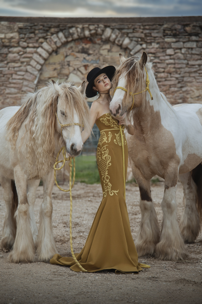 A woman in a wide-brimmed hat stands in a sunlit field beside a zebra.
Golden evening light fills the landscape as she holds the animal’s lead and looks toward the horizon.