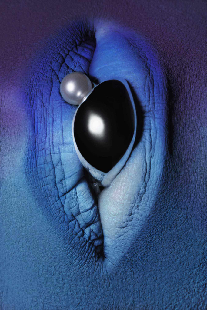 Surreal macro portrait with blue monochrome tones, glossy sculptural forms, and abstract sensual composition.