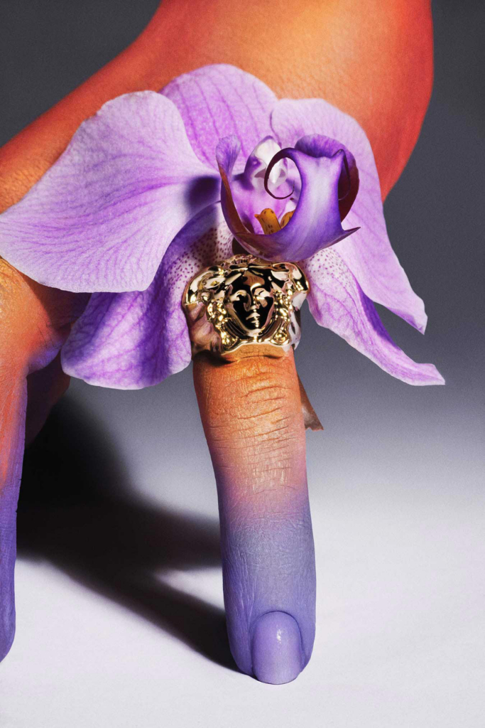 Macro floral composition with sculptural gold ring and dramatic studio lighting.