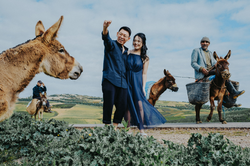 A couple stands together on a rural road, smiling and looking into the distance, while several donkeys surround them in a wide countryside landscape. Under soft daylight and a partly cloudy sky, a large donkey fills the foreground on the left, while two riders on donkeys and rolling green fields add depth and a lively, playful atmosphere to the scene.