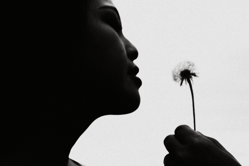 A black-and-white close-up portrait shows the silhouette of a person in profile holding a dandelion seed head near their lips. Soft backlighting outlines the face and hand against a bright background, creating a quiet and contemplative mood with strong contrast between light and shadow.