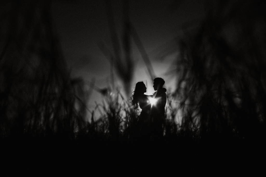 A black-and-white silhouette photograph shows a couple embracing in a field of tall grass at dusk. A bright light shines between them, creating a starburst effect, while the surrounding grasses frame their figures and add depth to the quiet, intimate scene.