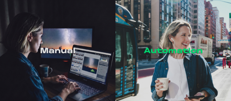 JPEGmini Pro 4.5 Automations: a relaxed photographer with coffee (Automation) beside one working late at a screen (Manual)