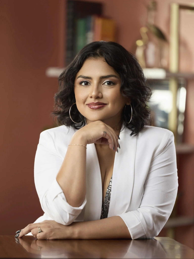 A woman with short, dark wavy hair sits at a table, resting her chin on one hand and looking directly at the camera. She wears a white blazer and large hoop earrings, with softly lit shelves and books blurred in the background.